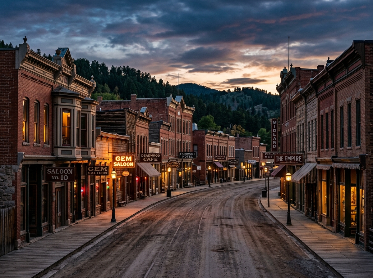 Historic main street in Deadwood, South Dakota at dusk with saloon signs and warm lighting