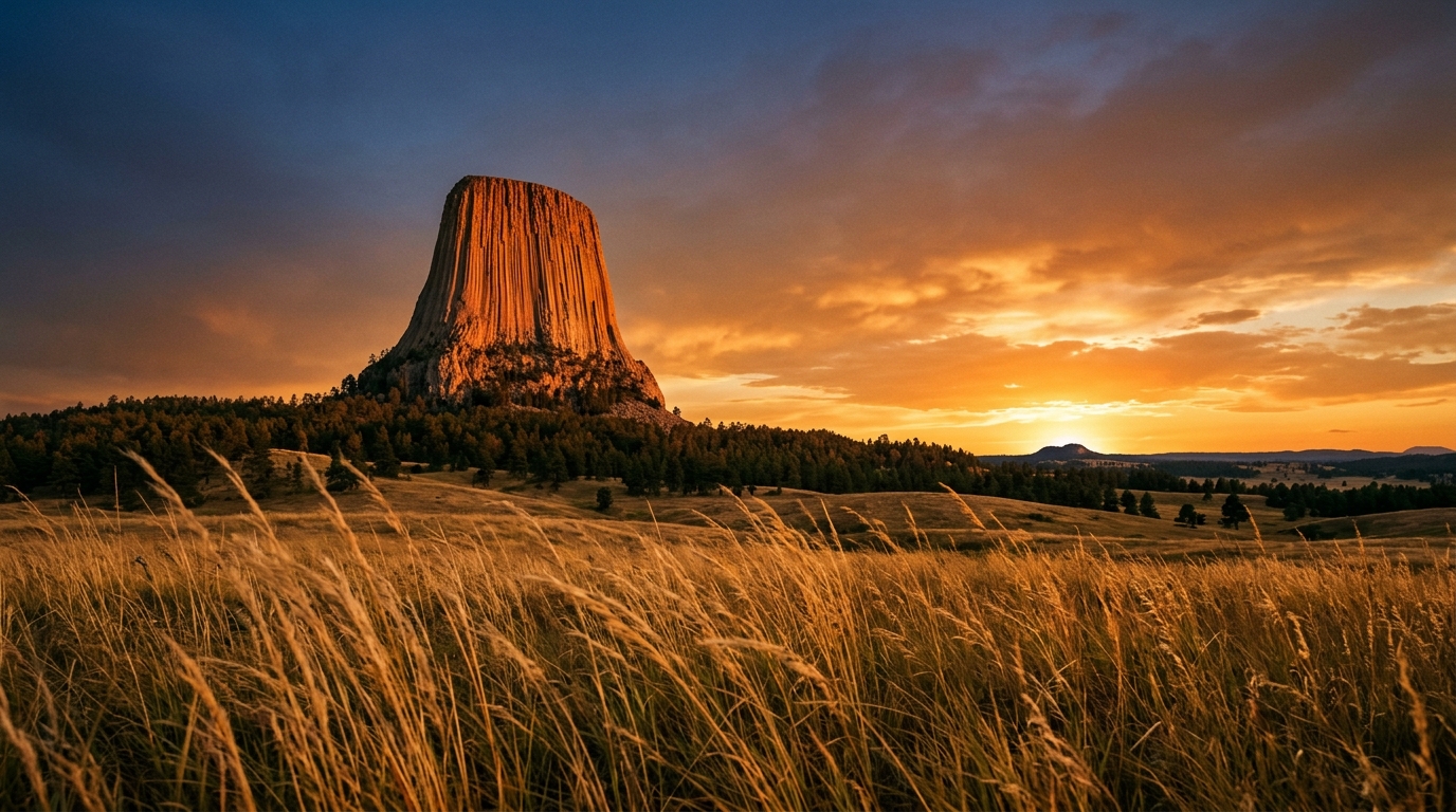 Devils Tower at golden hour sunset with prairie grass in the foreground