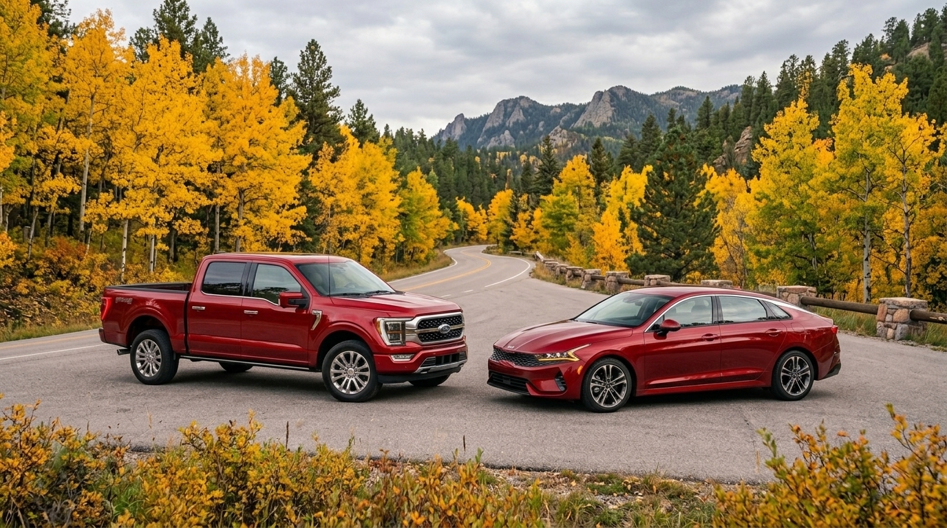 Red Ford F-150 and red Kia K5 parked side by side on an autumn road in the Black Hills