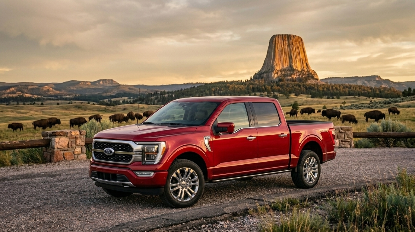 Red Ford F-150 crew cab pickup truck on a gravel road with bison and Devils Tower in the background