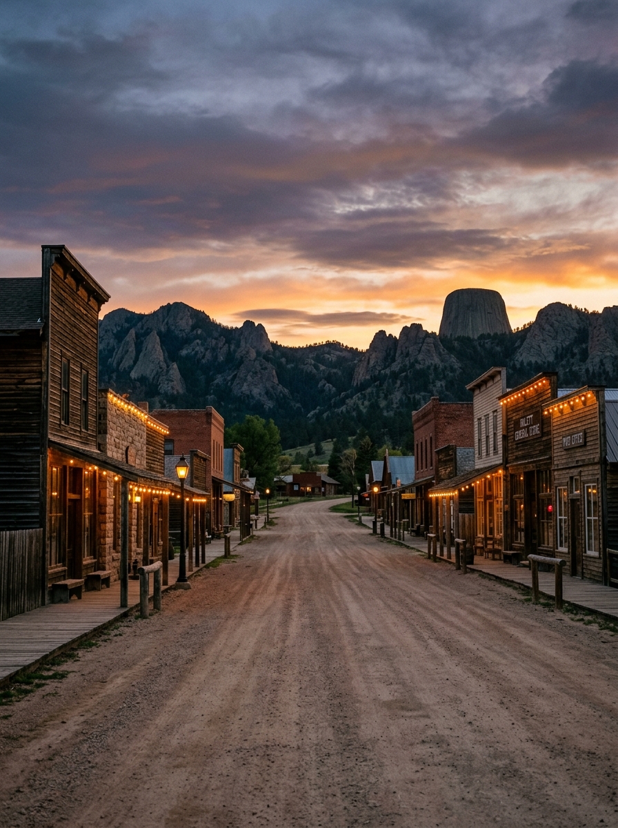 Hulett, Wyoming frontier town main street at dusk with warm string lights and Devils Tower in the background