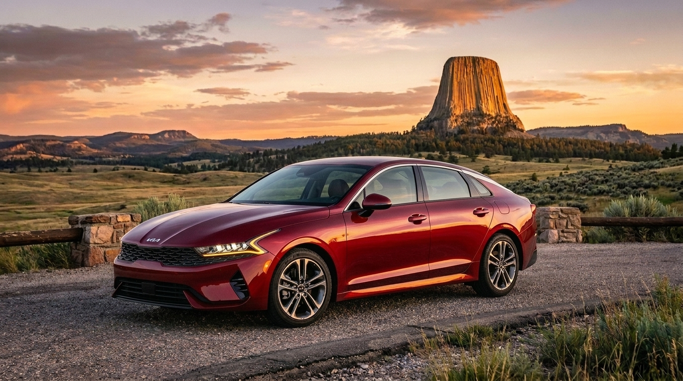 Red 2026 Kia K5 sedan parked at a scenic Wyoming overlook with Devils Tower in the background at sunset