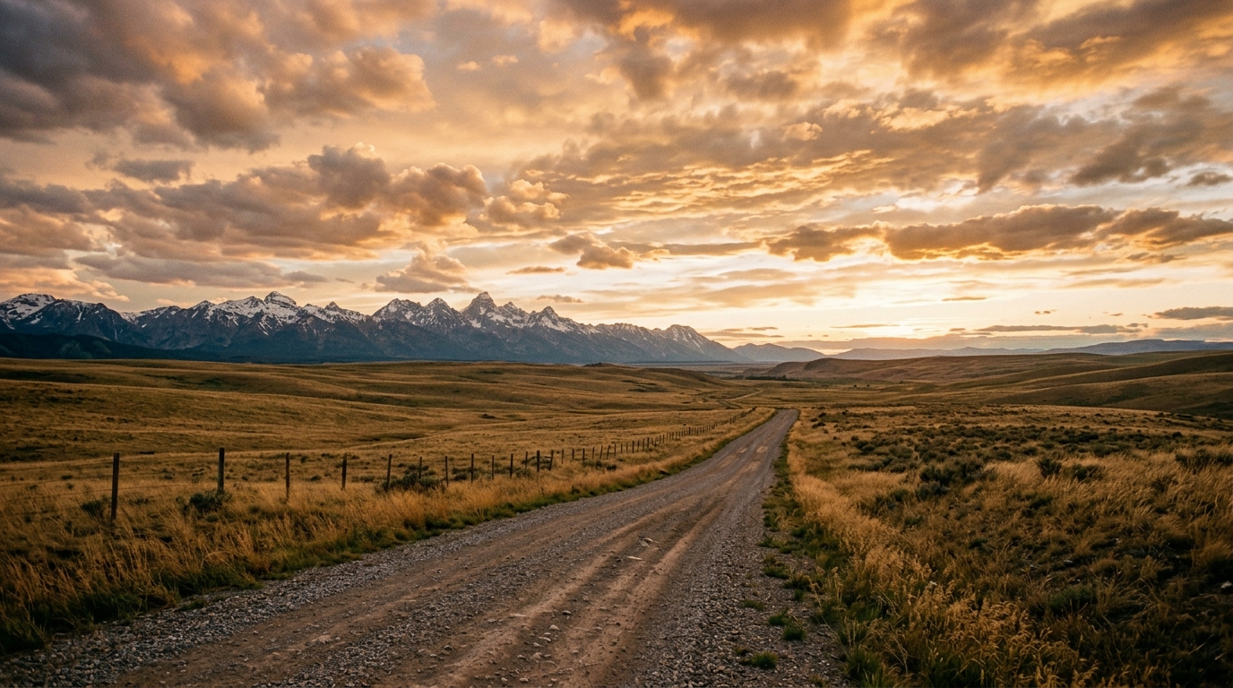 Wyoming prairie with gravel road stretching toward distant mountains at golden hour