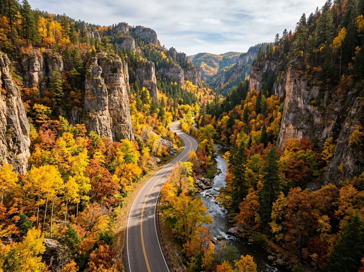 Spearfish Canyon in autumn with vibrant golden foliage and winding road